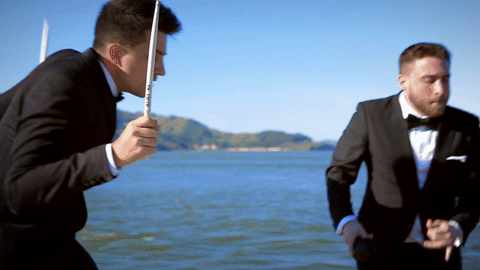 2 guys dancing at the golden gate bridge